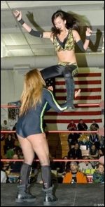 Flying high! April lauches off the top ropes!