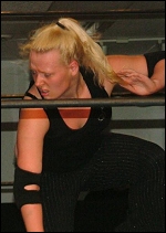 The blonde G.L.O.R.Y. Girl takes a hard bump but gets up to continue the battle!