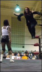 Off the top rope! DellaMorte is one of the most agile big girls in the wrestling business.