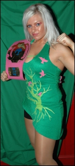 Hailey Hatred displays one of her many title belts.