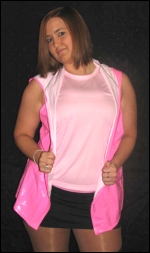 Pretty in pink before a recent match.