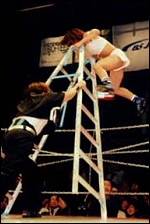 Sumie has been involved in many high-risk matches such as this one: a ladder and barbed-wire battle!